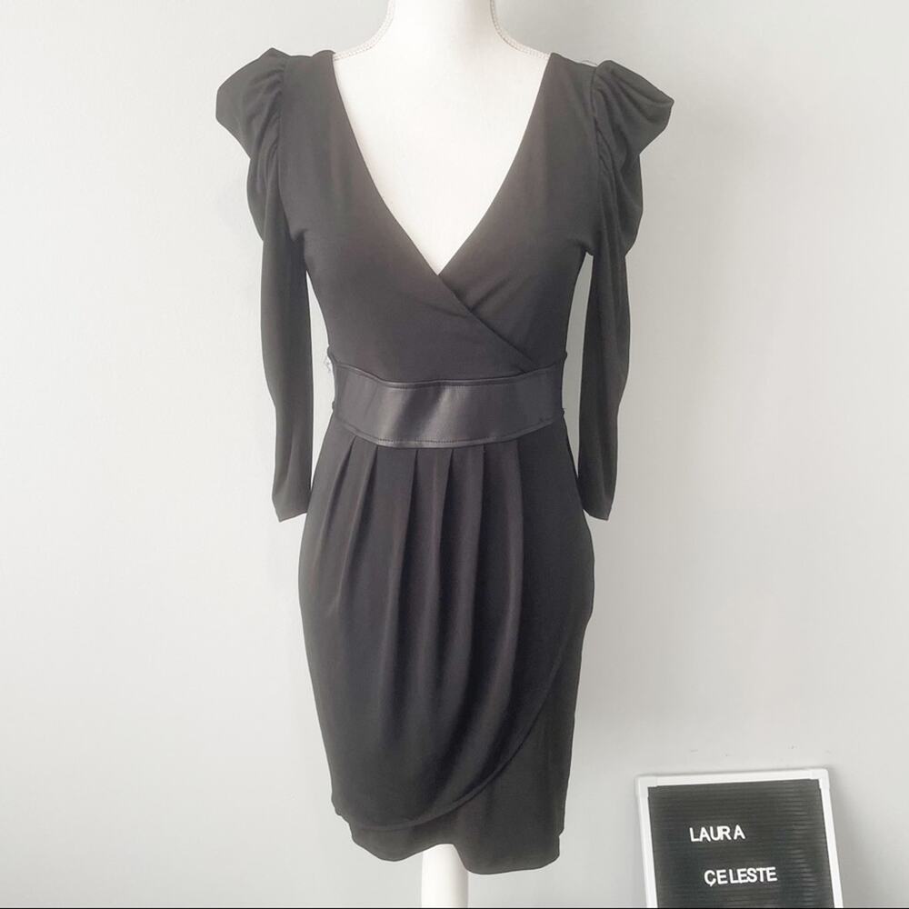 Arden B black cocktail party dress faux leather shirred size medium open back